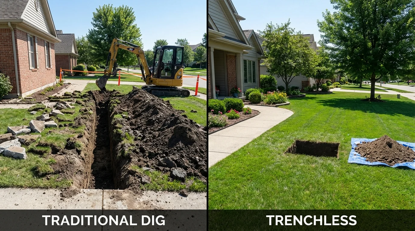 Trenchless sewer repair with minimal yard damage versus traditional excavation in Burbank, IL