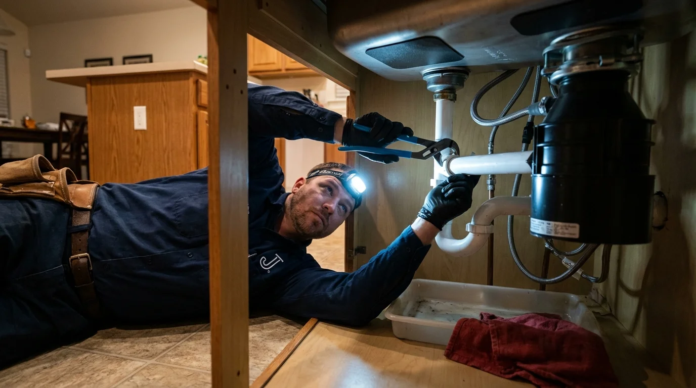 P-trap and supply line connections under a kitchen sink showing a common leak point in Burbank, IL